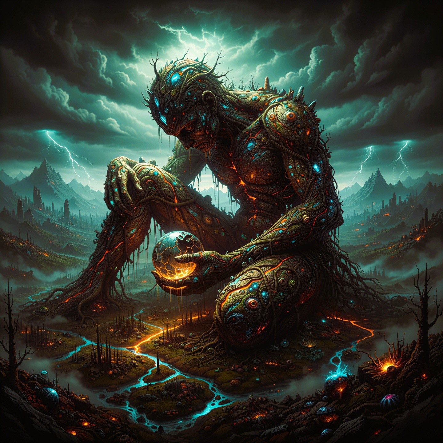 Moss-Covered Colossal Figure in Dramatic Landscape
