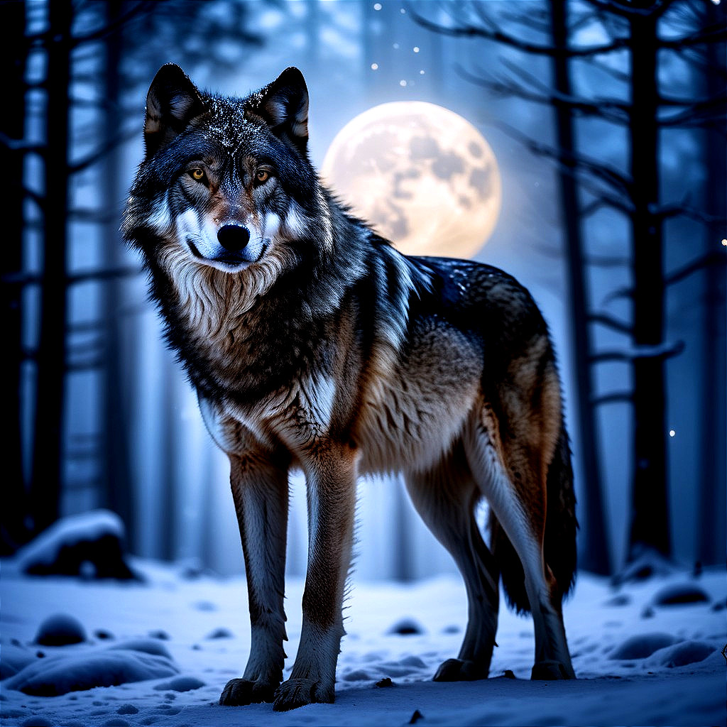 Wolf in Snowy Forest Under Full Moonlight