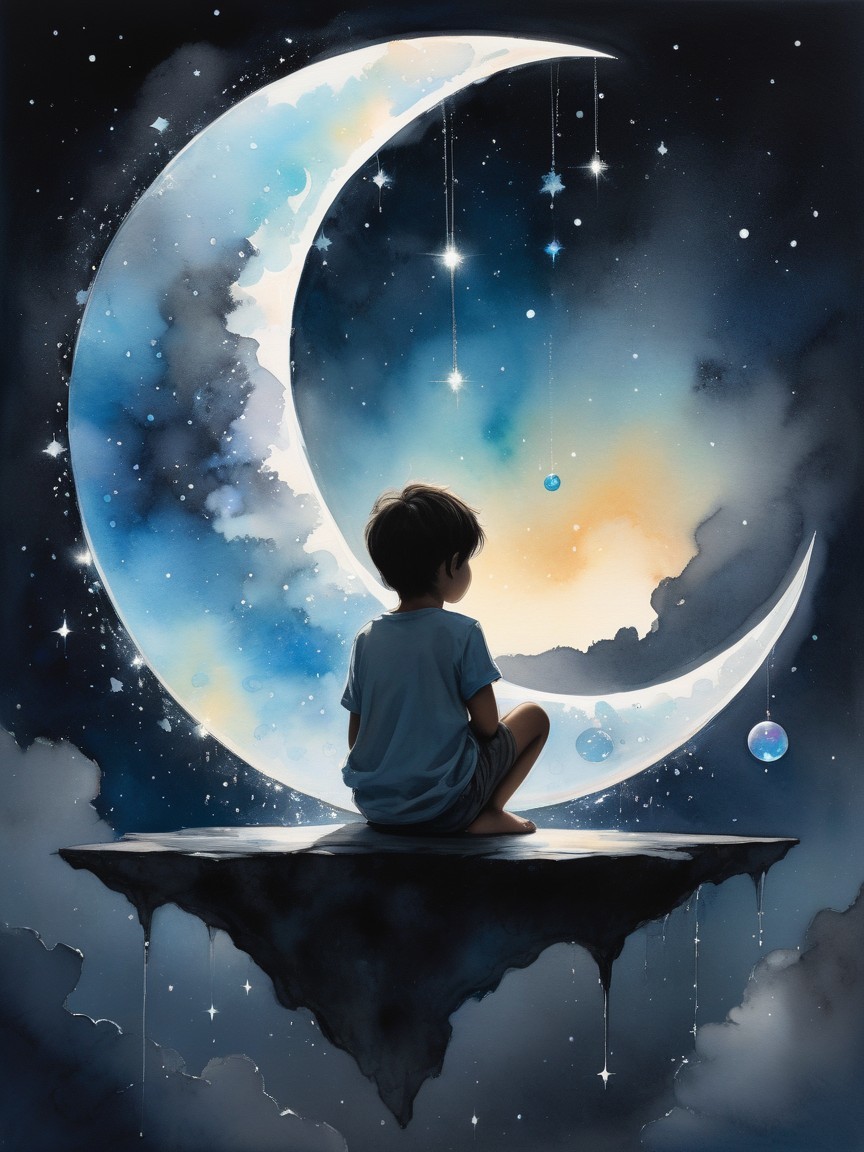 Watercolor Painting of Child Under Dreamy Night Sky