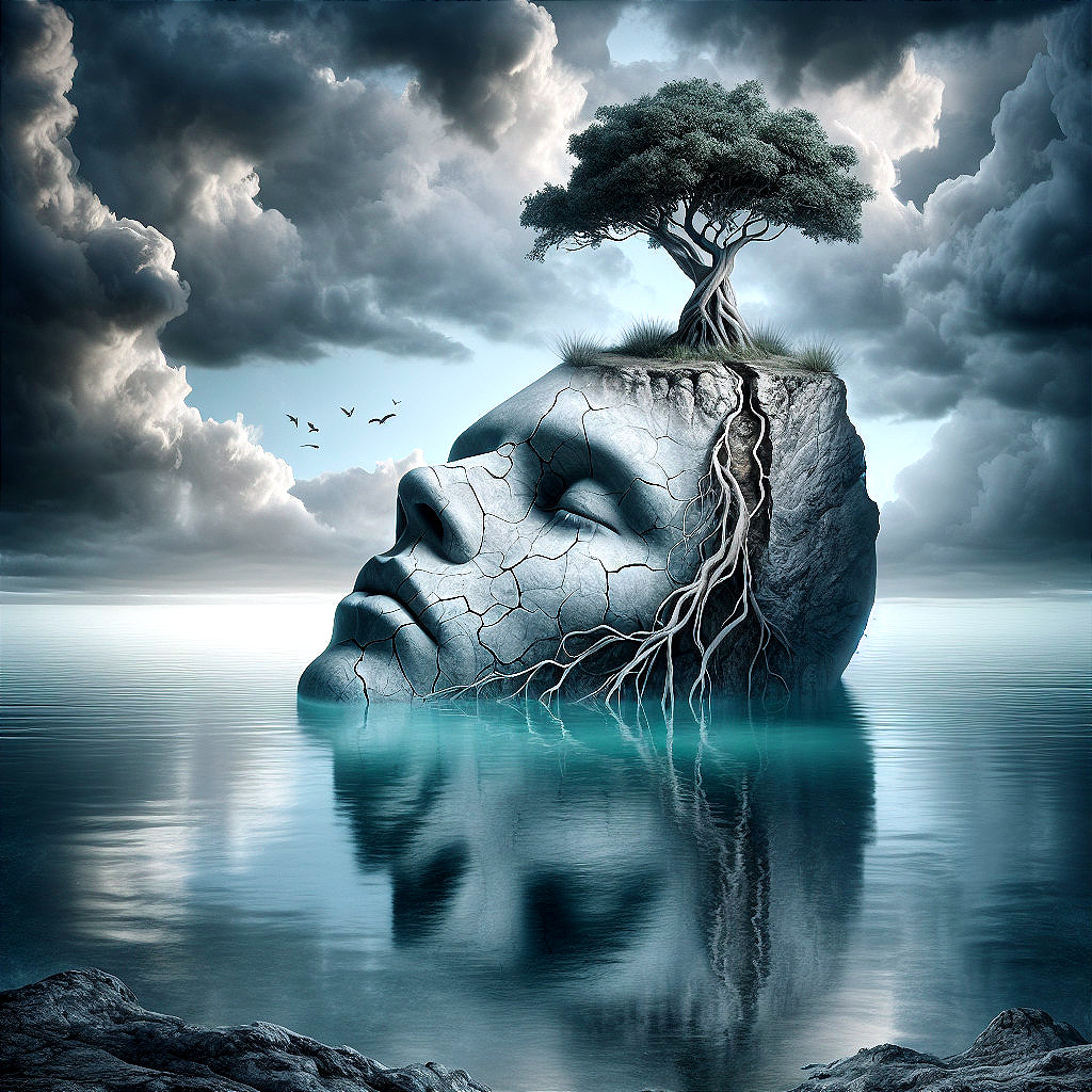 Surreal Landscape with Giant Stone Face and Tree
