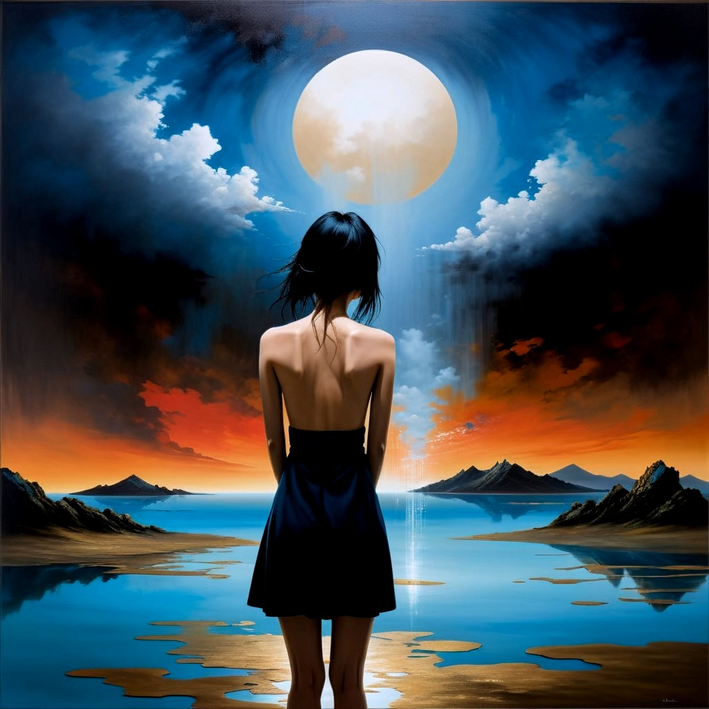 Solitary Figure Overlooking Sunset Landscape and Moon