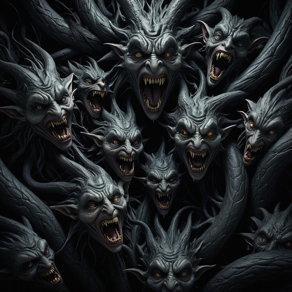 Dark Collage of Monstrous Faces and Twisted Forms