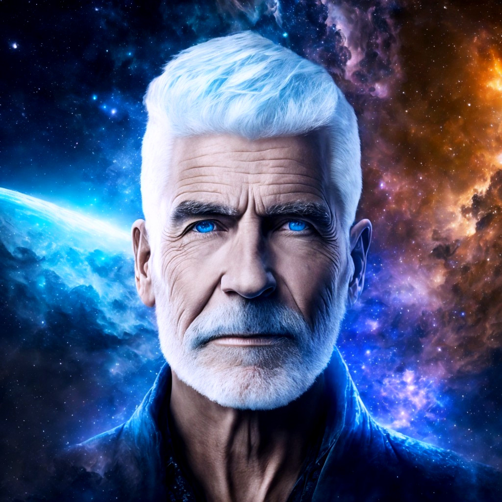 Portrait of a Mature Man with Cosmic Background