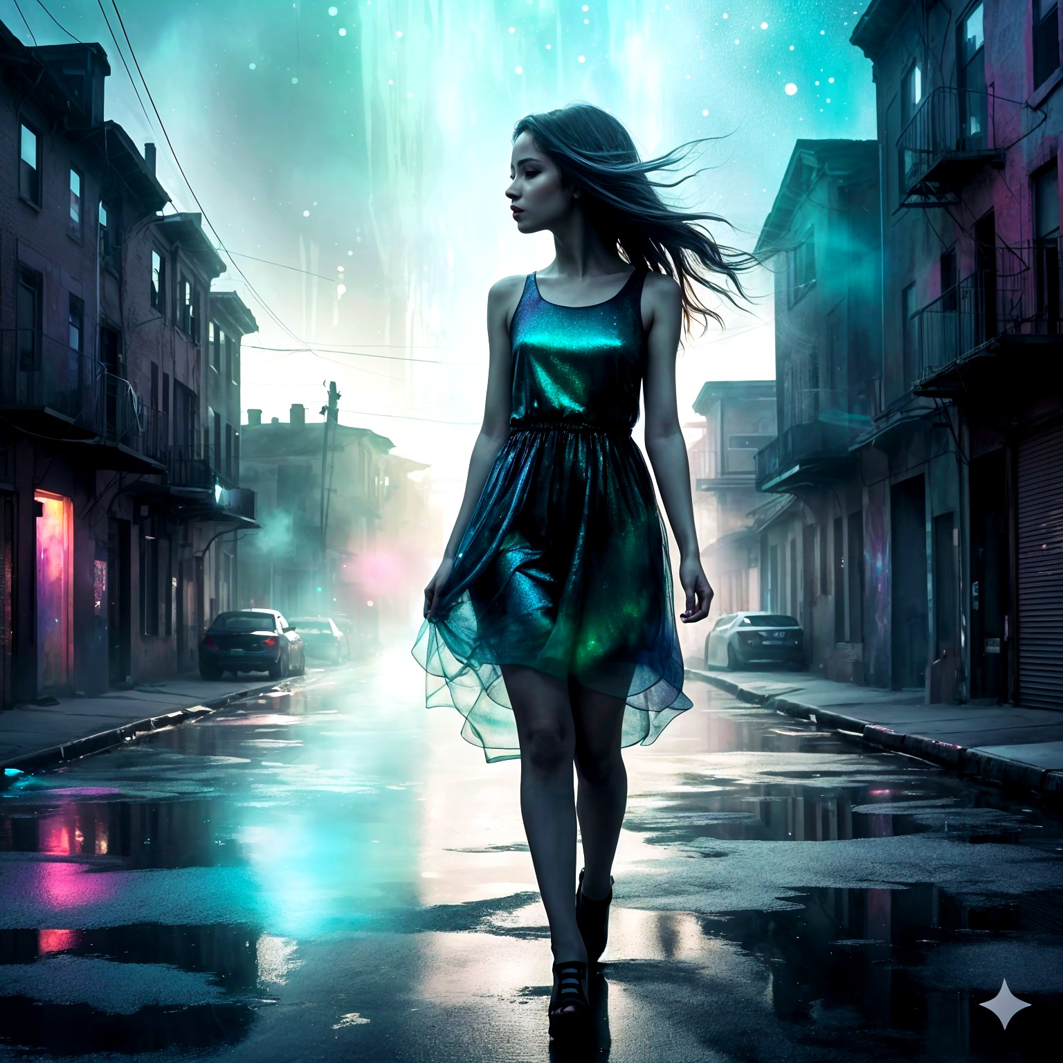 Young woman in iridescent dress on deserted street