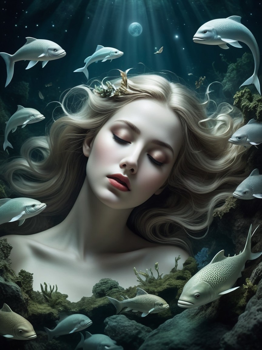 Underwater Scene with Young Woman and Marine Life