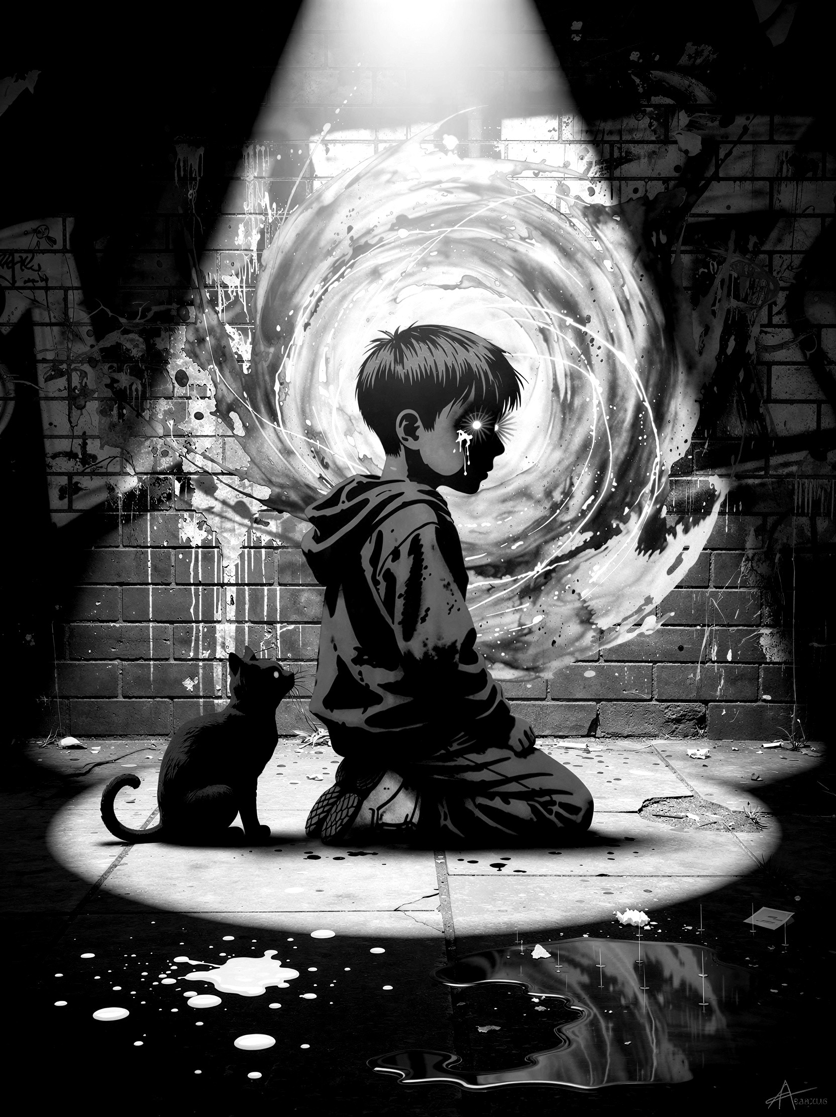 Black and White Digital Painting of Child and Cat