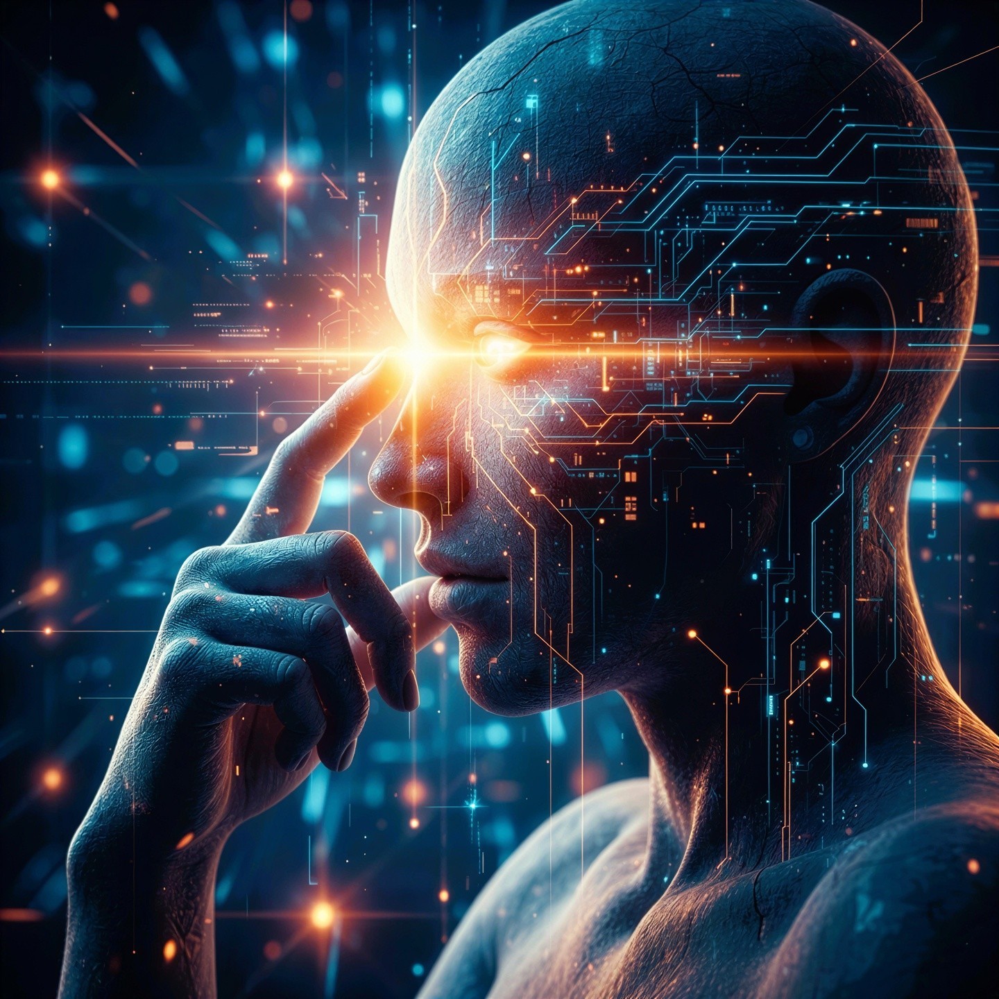 Futuristic humanoid figure in a digital landscape