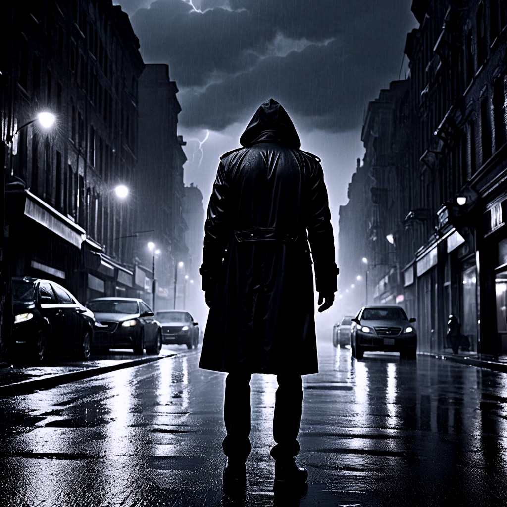 Solitary Figure in Rainy Street Under Stormy Sky