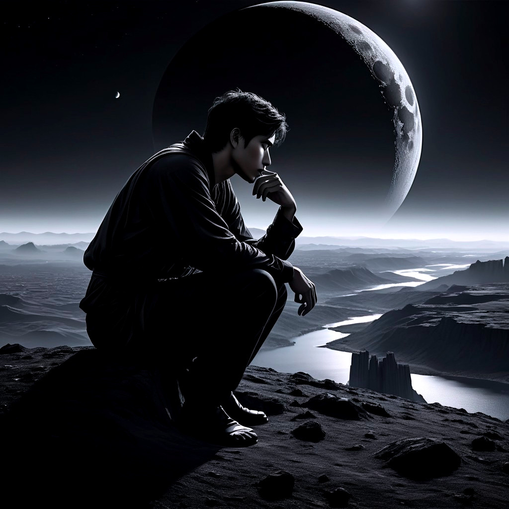 Contemplative Figure in Cosmic Rugged Landscape