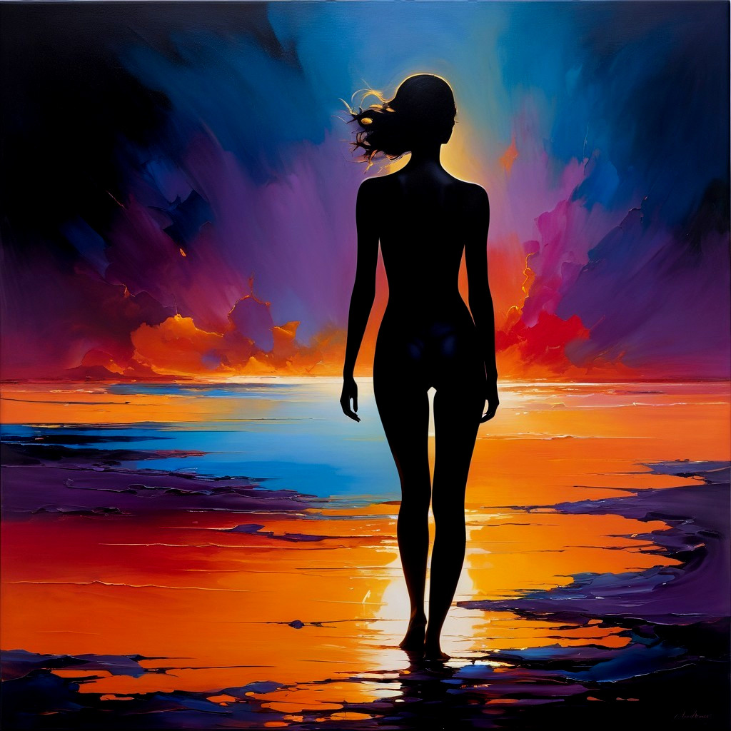 Silhouette of Woman by Vibrant Sunset at Ocean Edge