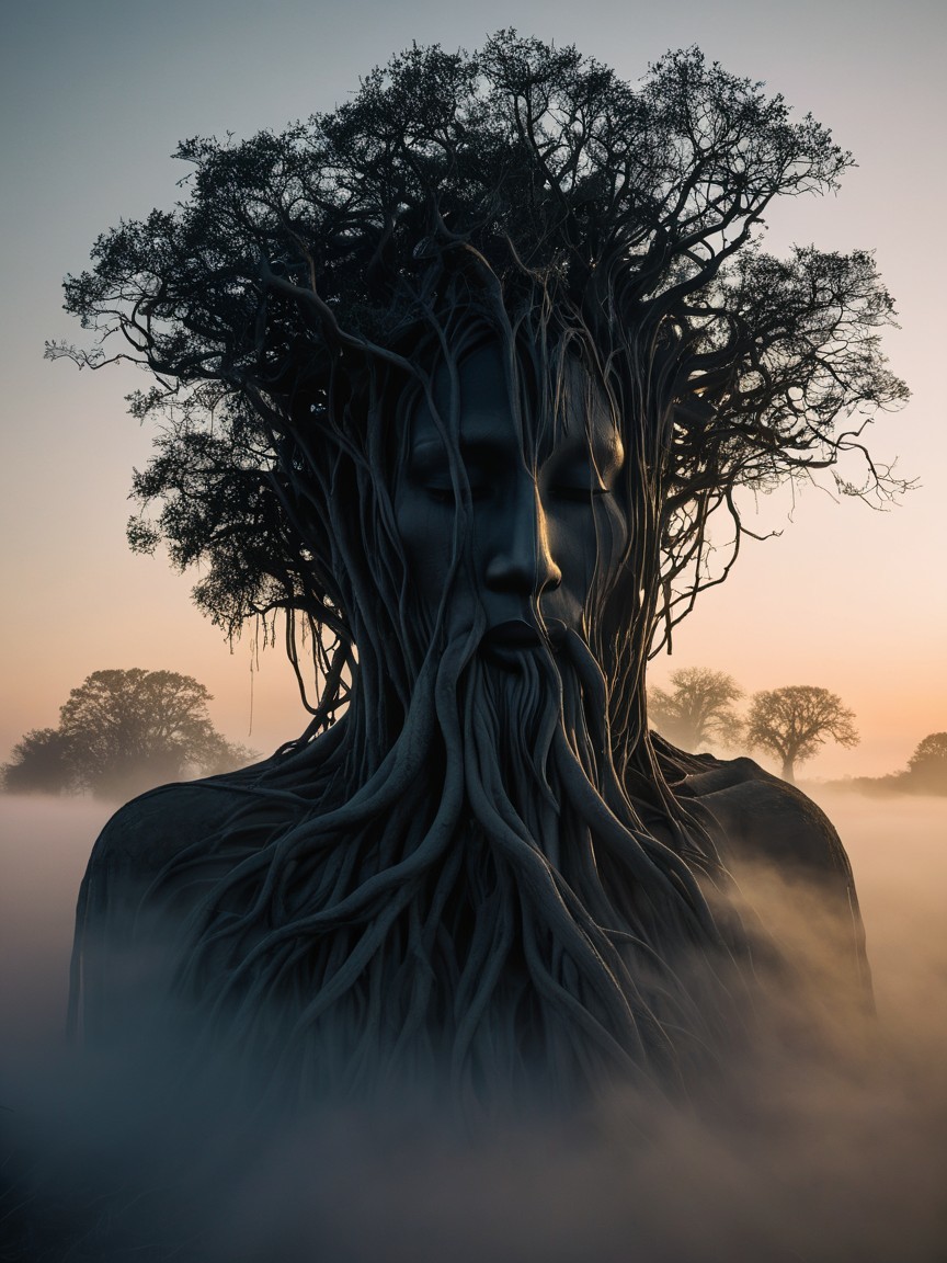 Humanoid Sculpture Surrounded by Ethereal Fog and Trees
