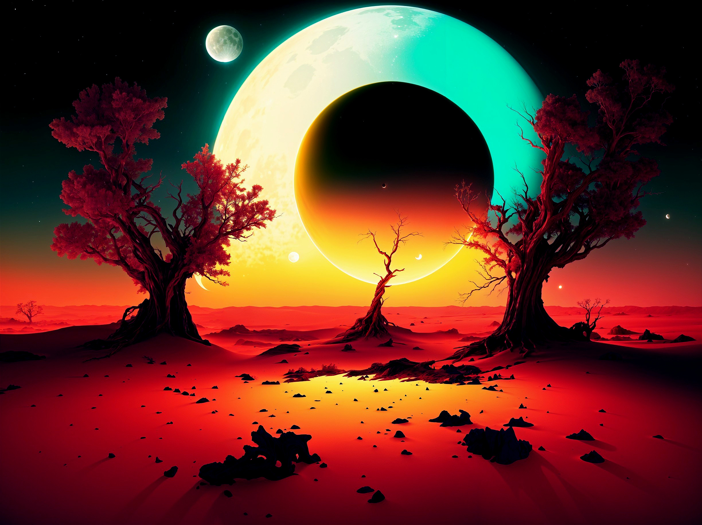 Surreal Alien Landscape with Gnarled Trees and Moon