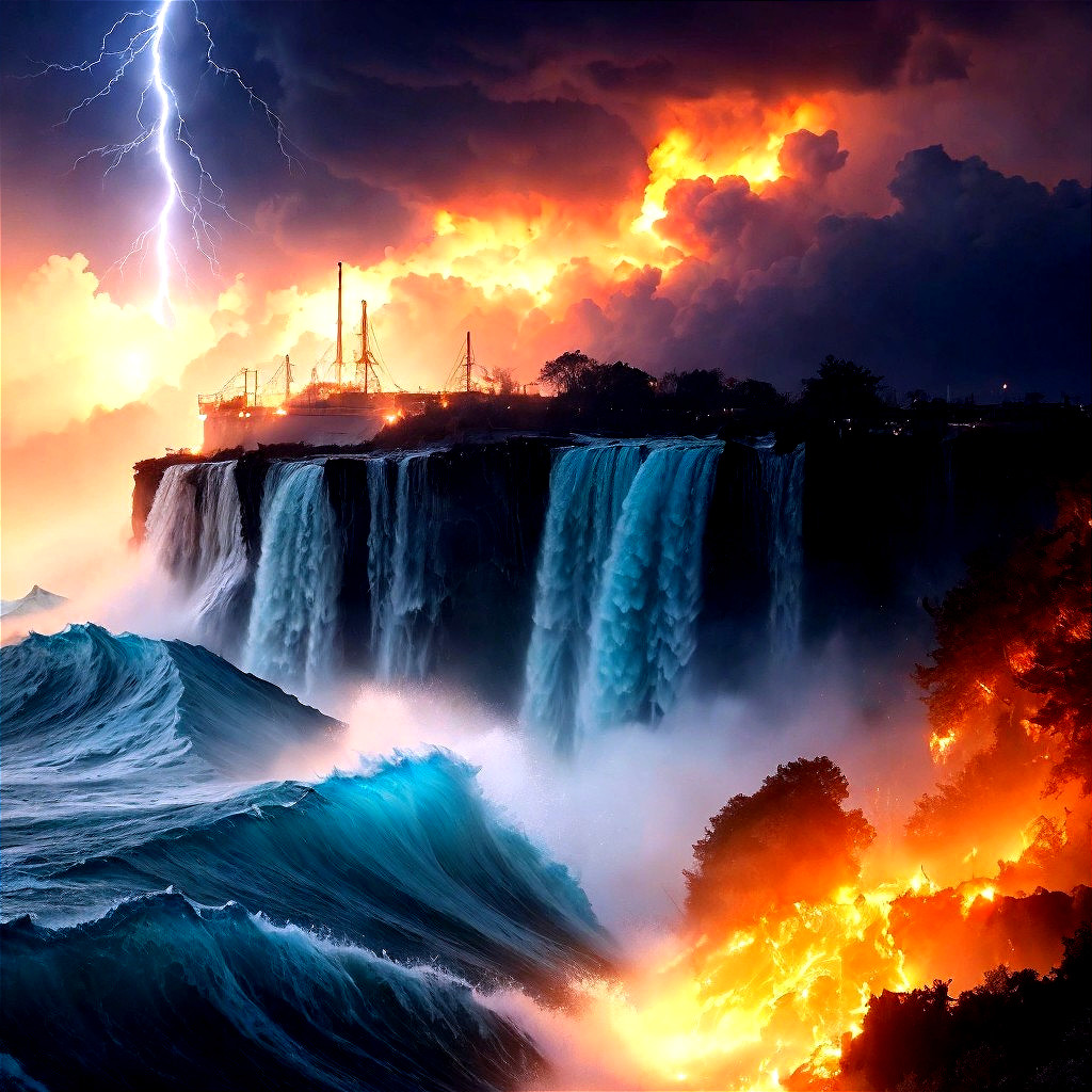 Dramatic Waterfalls and Fiery Sky Scene Description