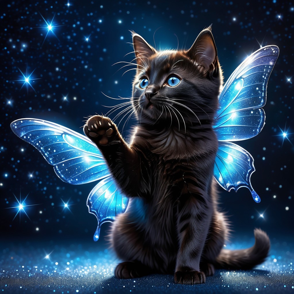 Fluffy Kitten with Butterfly Wings in Starry Scene