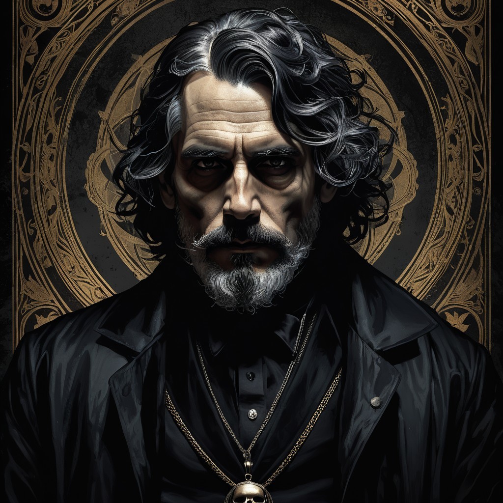 Stern Man with Dark Hair and Ornate Coat in Mystical Setting