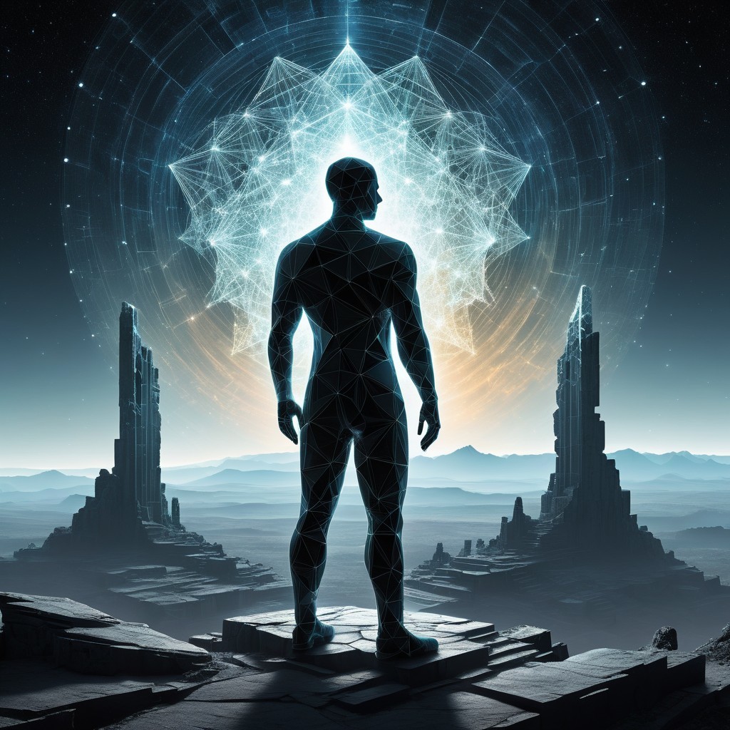Silhouetted Figure at Radiant Geometric Portal