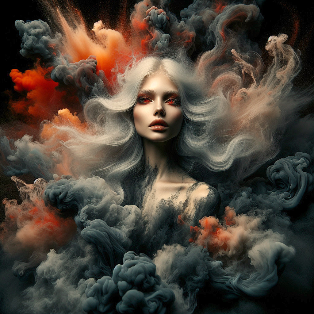 Portrait of a Woman with Silvery Hair and Colorful Smoke