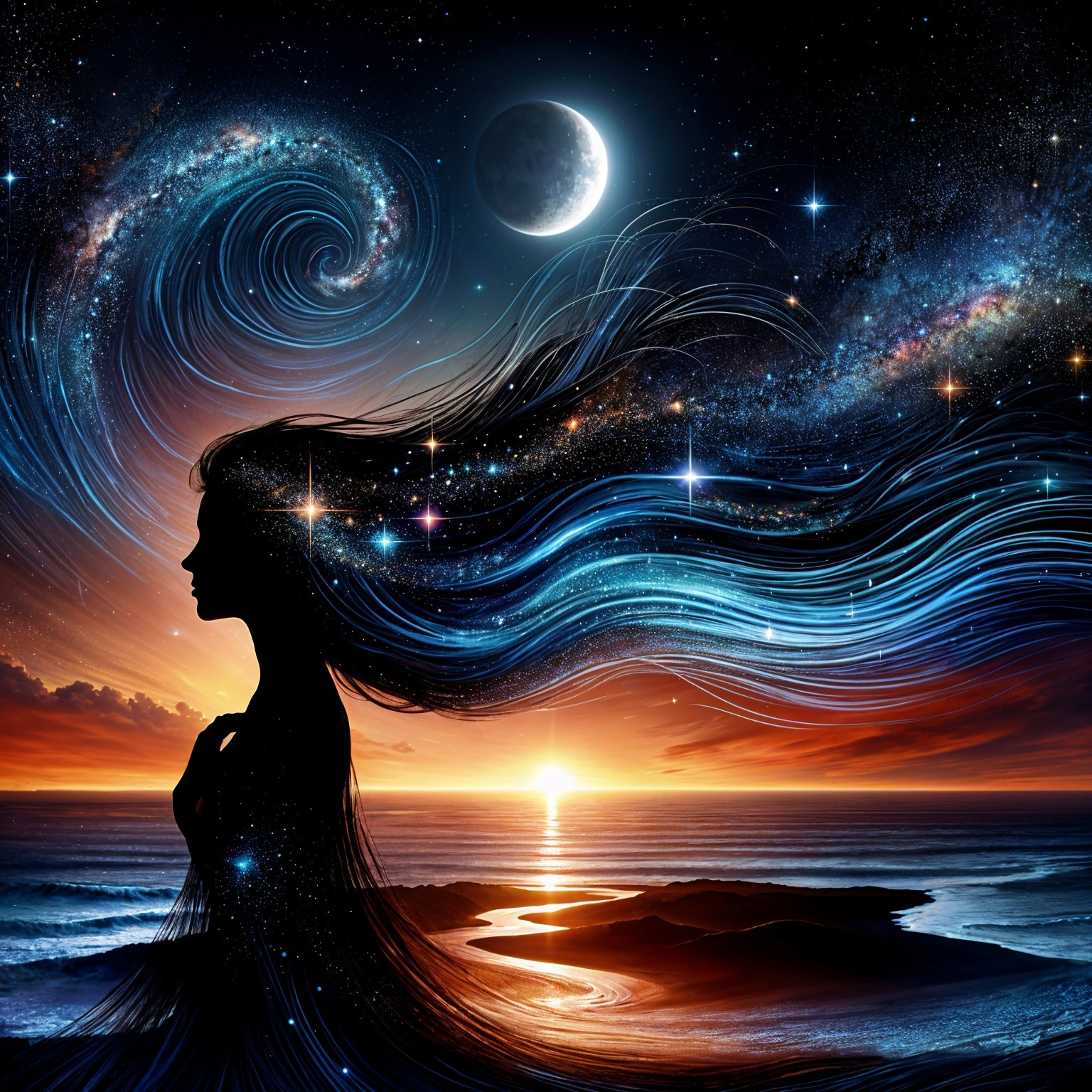 Cosmic Silhouette of Woman Against Sunset and Ocean