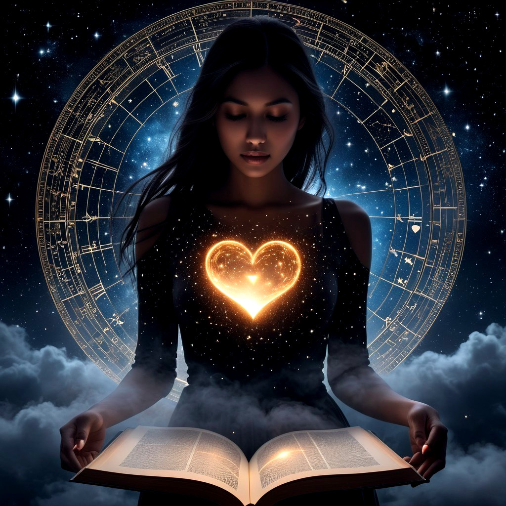 Mystical Scene of Woman with Glowing Book and Stars