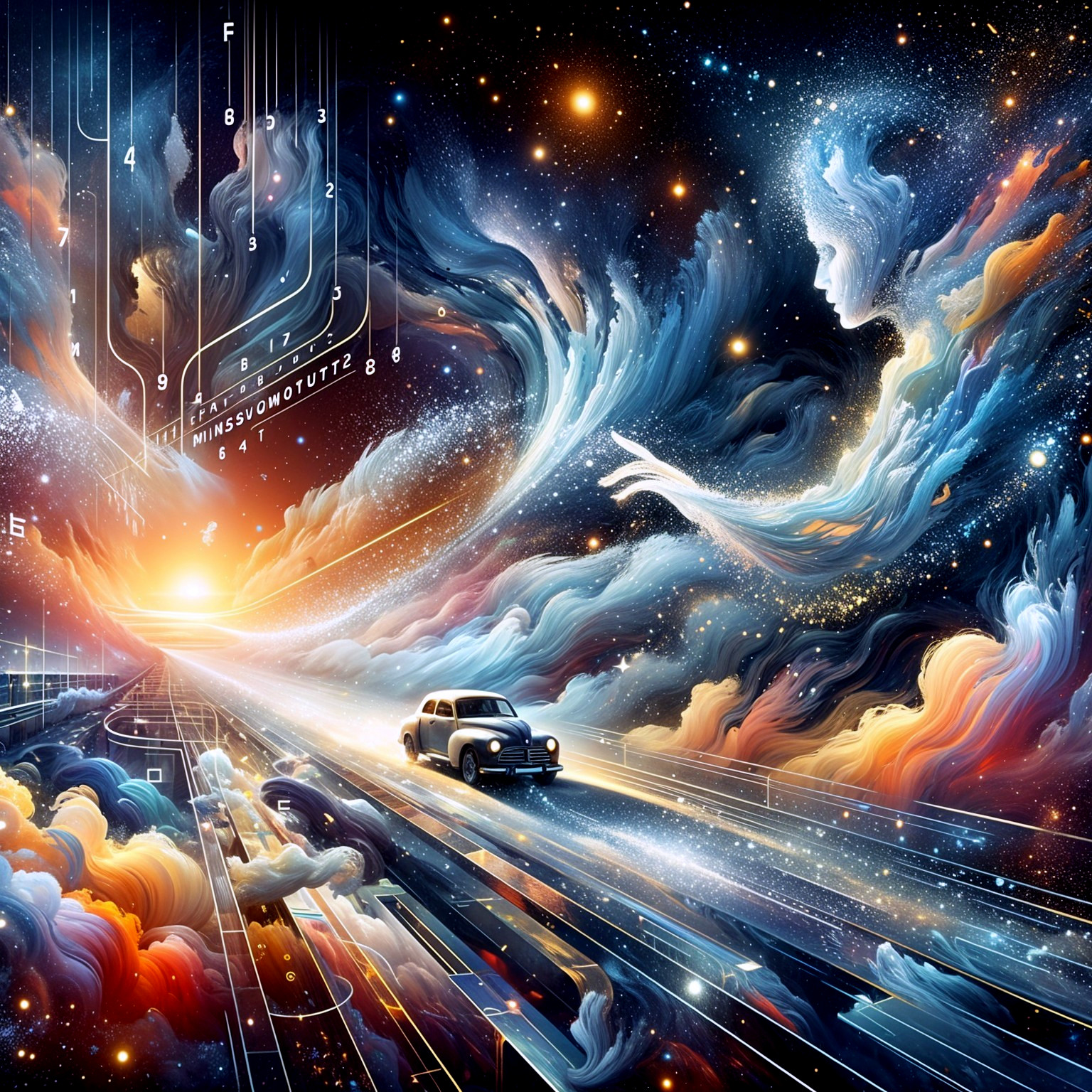 Surreal Cosmic Landscape with Vintage Car and Clouds