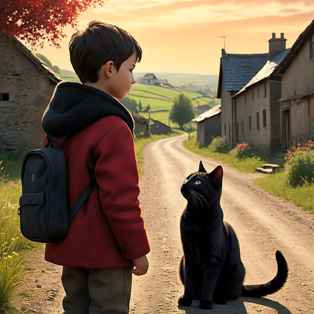 Young boy in red coat with black cat on dirt road