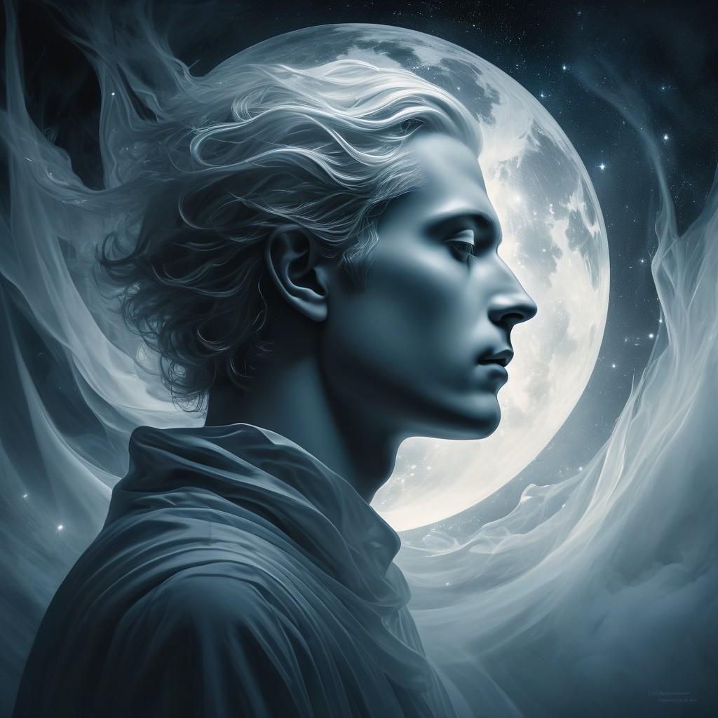 Digital Painting of Male Figure with White Hair and Moon