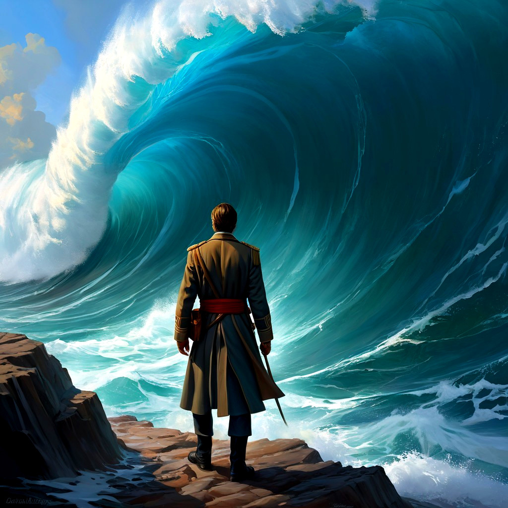 Lone Figure on Rocky Shoreline Facing Towering Wave