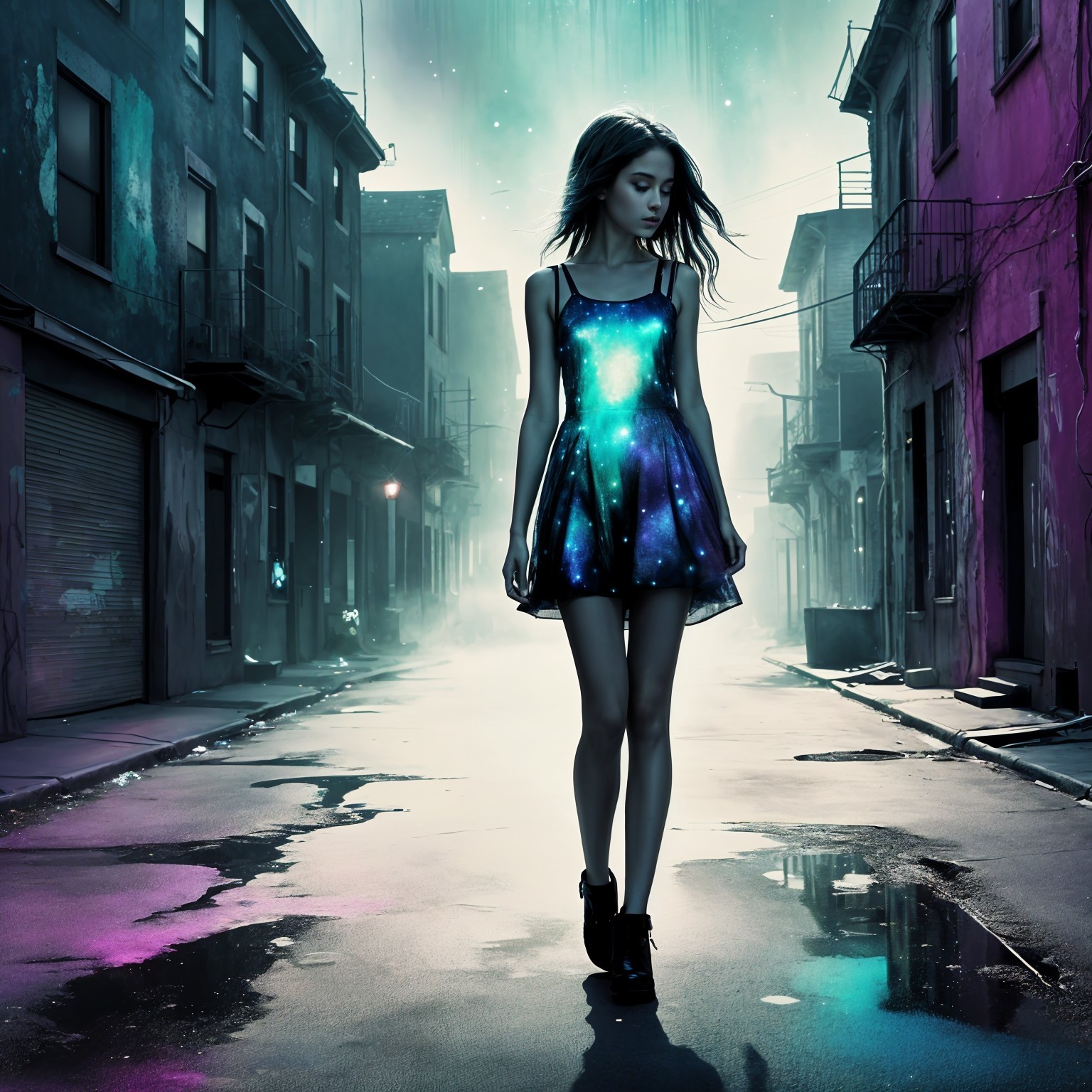 Tall girl in galaxy-print dress in misty alleyway