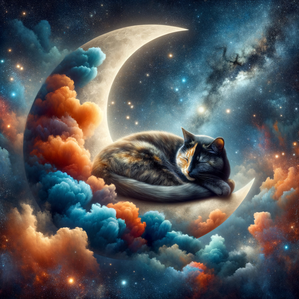 Cat on Crescent Moon with Colorful Cosmic Background