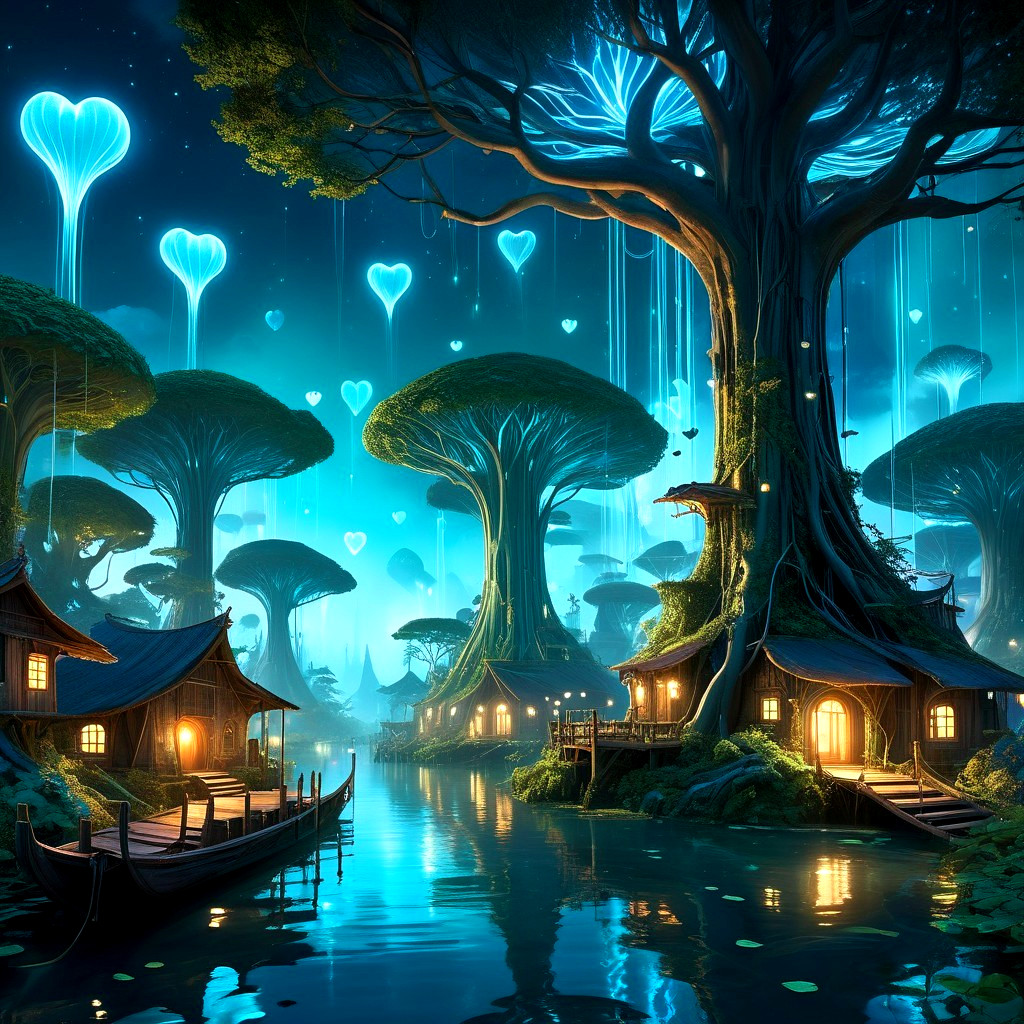 Magical Night Forest with Glowing Blue Trees and Huts
