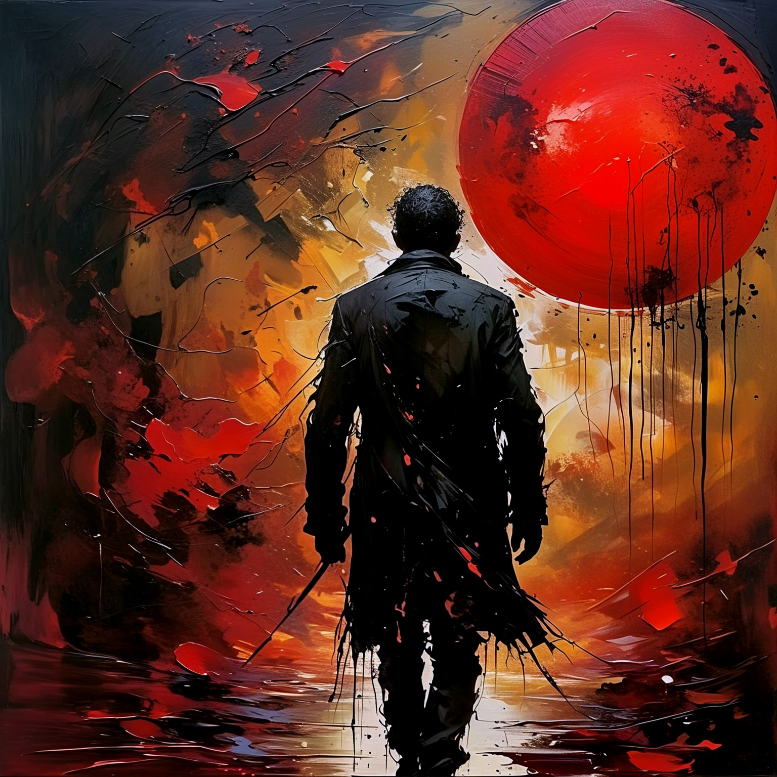 Lone Figure in Dark Coat Against Vibrant Abstract Background