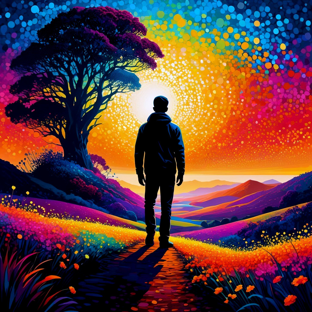 Silhouette on a Colorful Path with Vibrant Landscape