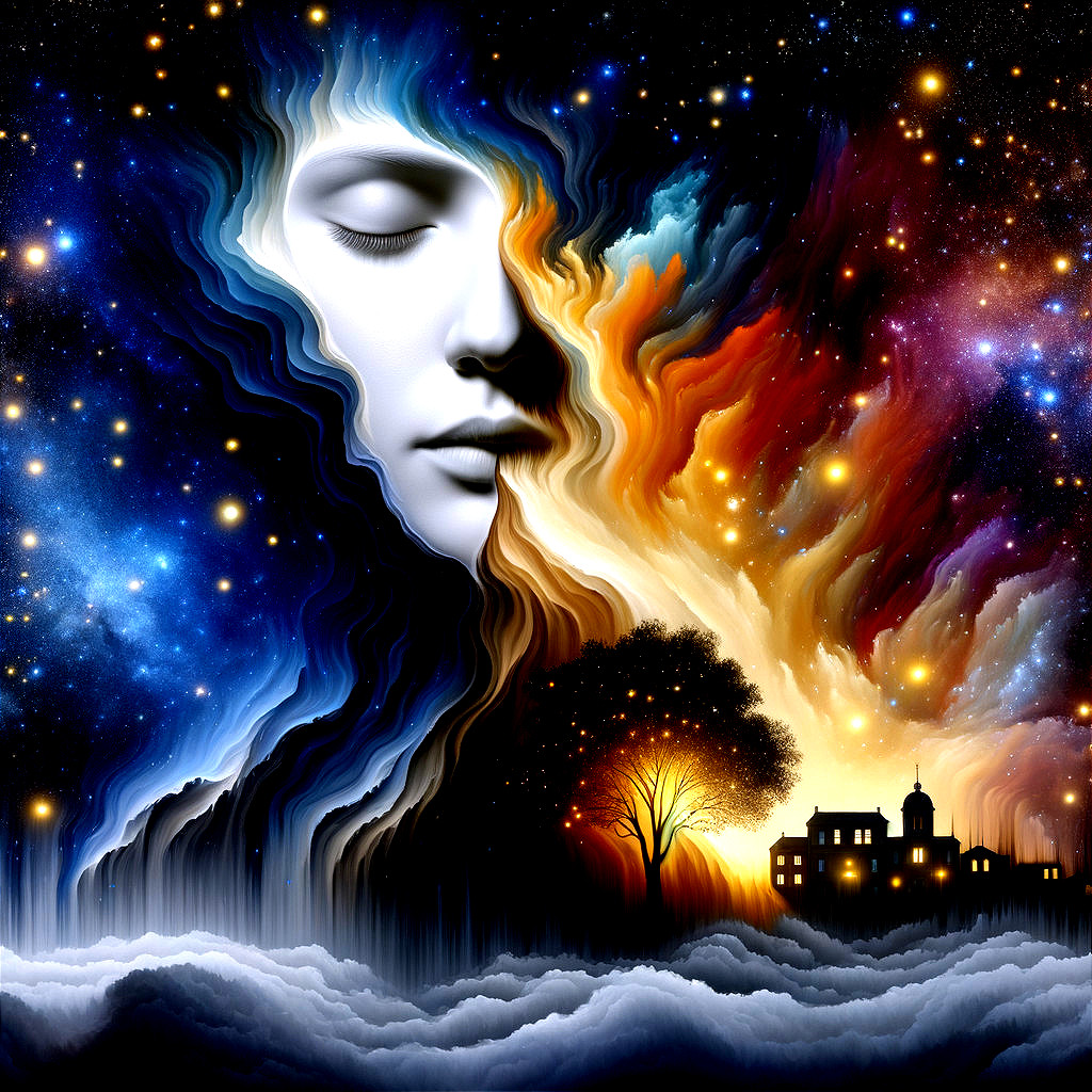 Surreal Landscape with Cosmic Elements and Silhouettes