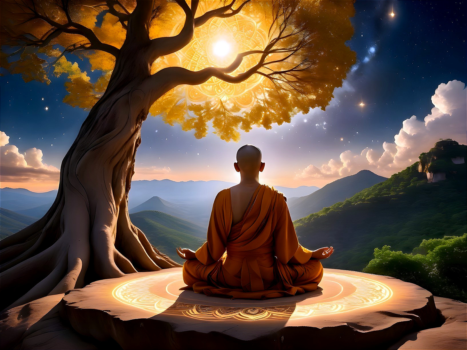 Monk Meditating Under a Radiant Golden Tree