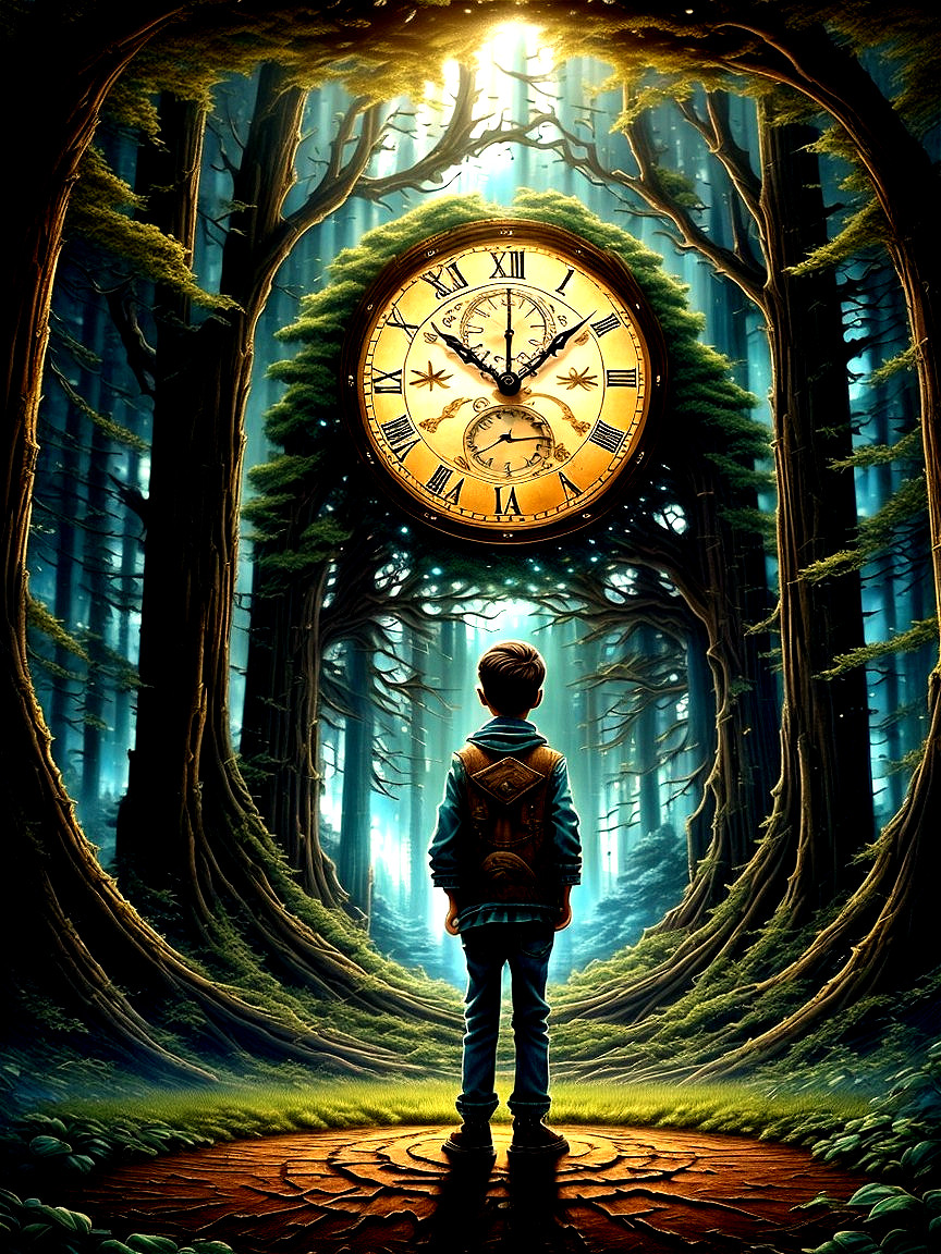 Young boy in mystical forest with ornate clock