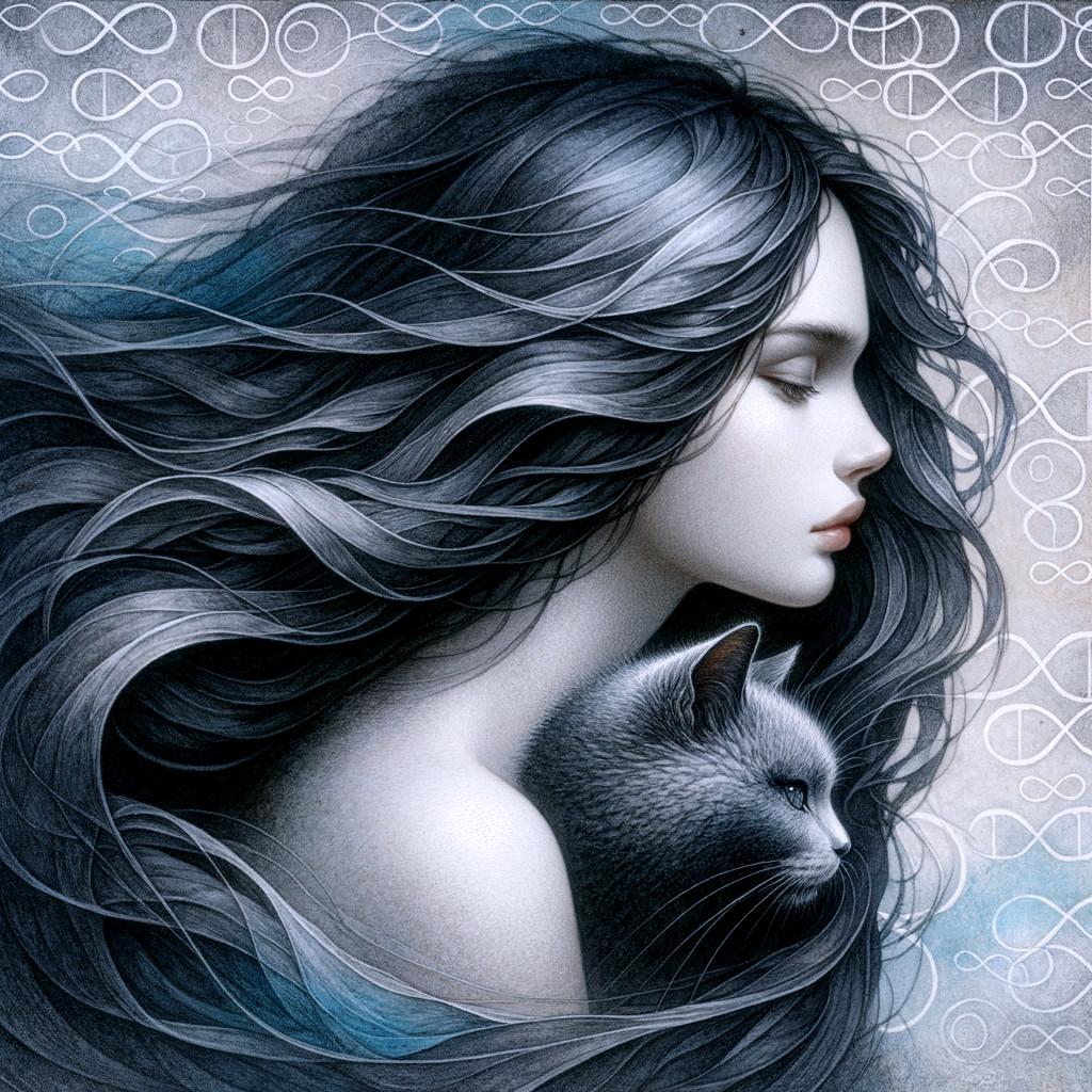 Ethereal Portrait of Woman with Cat and Abstract Background