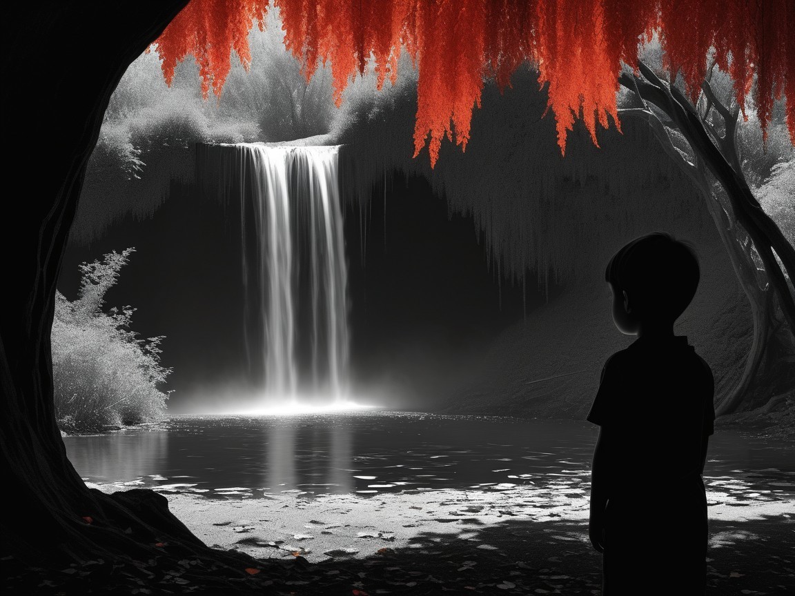 Magical Black and White Forest with Red Moss and Waterfall