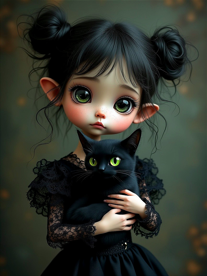 Whimsical Character with Black Cat in Enchanting Setting