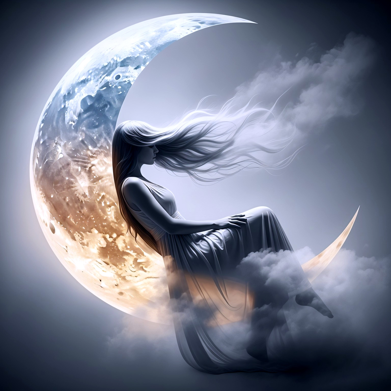 Serene figure on crescent moon in ethereal clouds