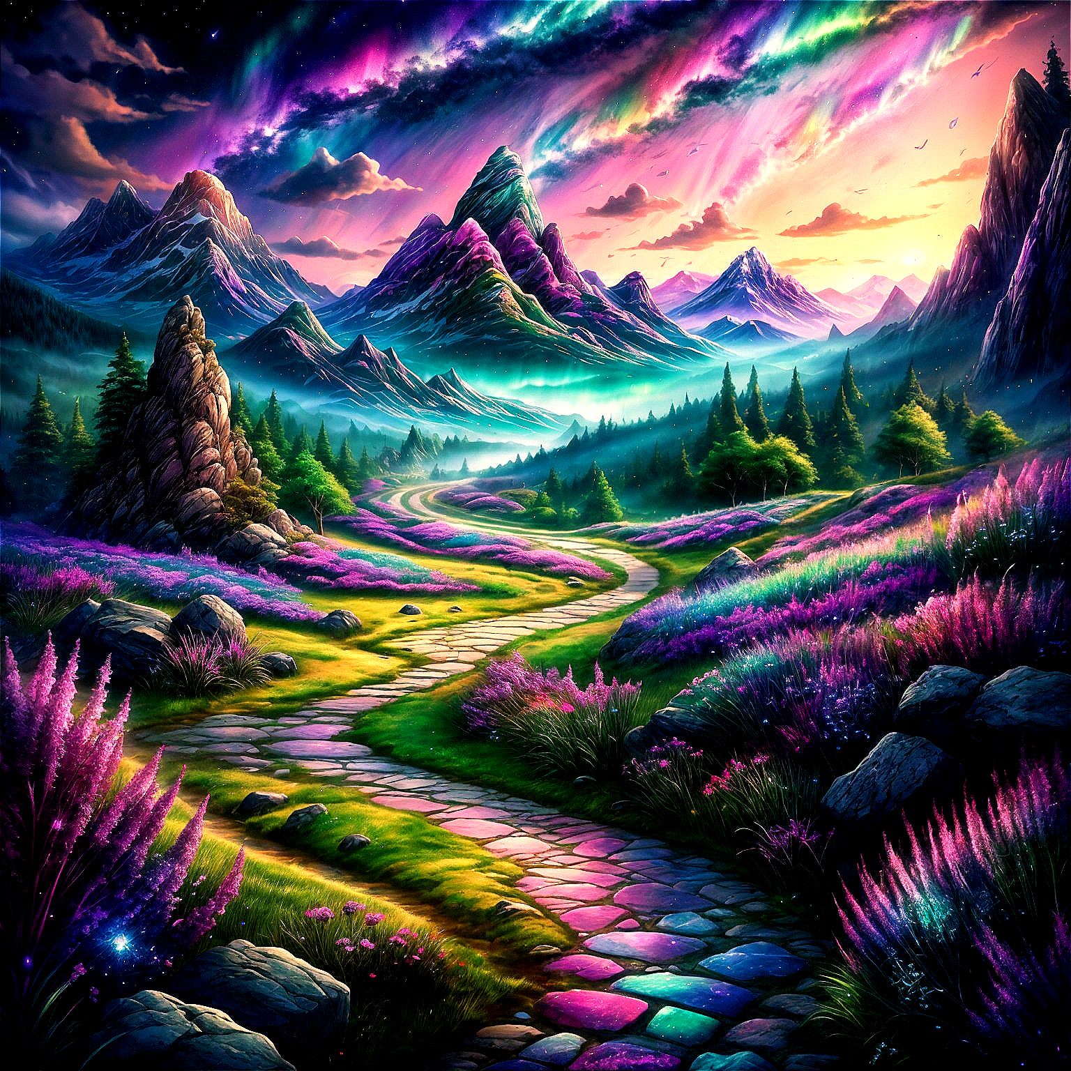 Winding Stone Path Through Vibrant Flower Fields