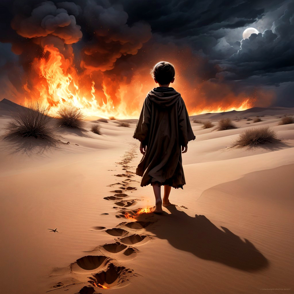 Lone Figure Walking in Desert with Dramatic Horizon