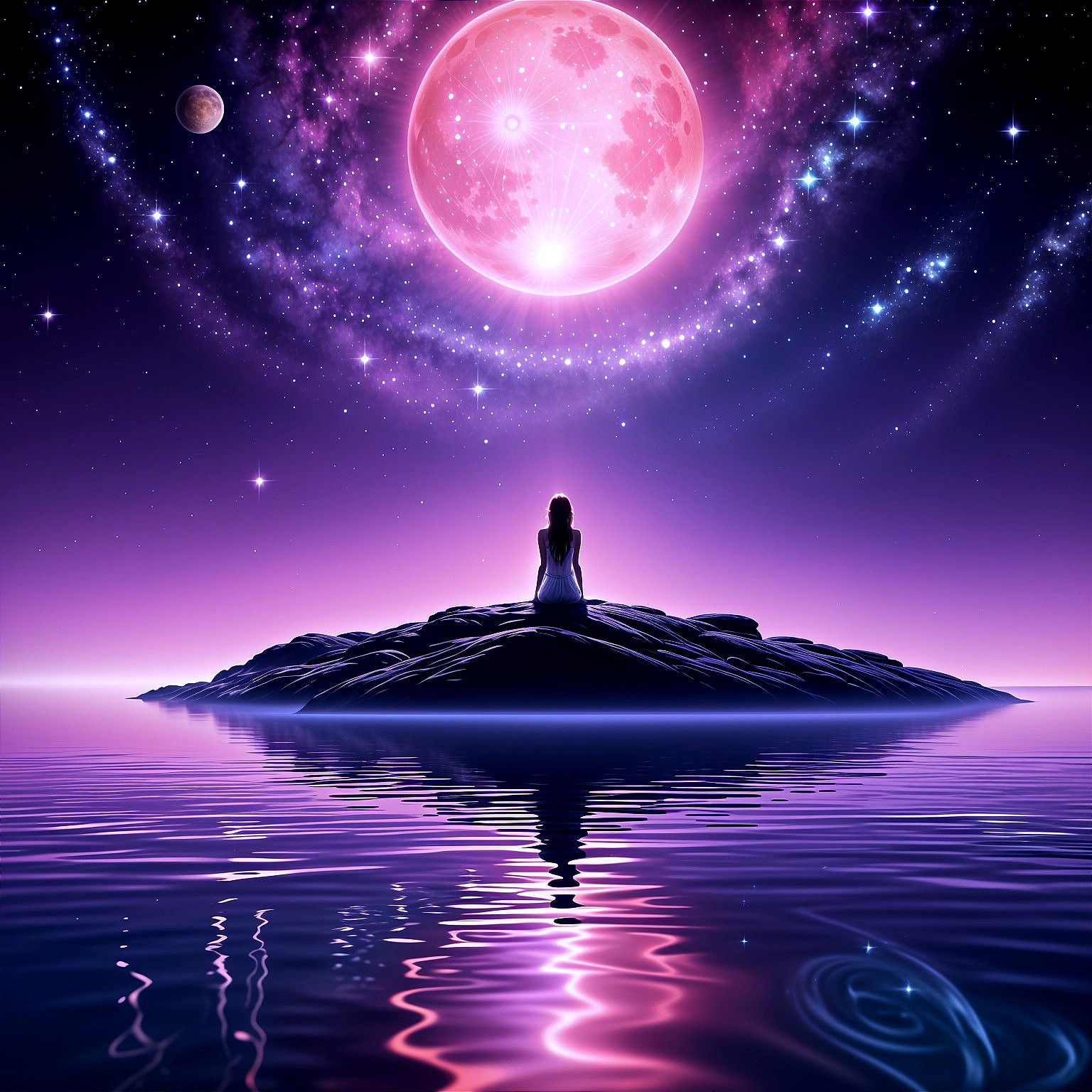 Serene Figure on Island Under Luminous Pink Moon
