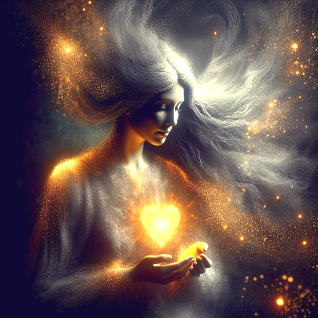 Serene Figure with Cosmic Backdrop and Glowing Heart