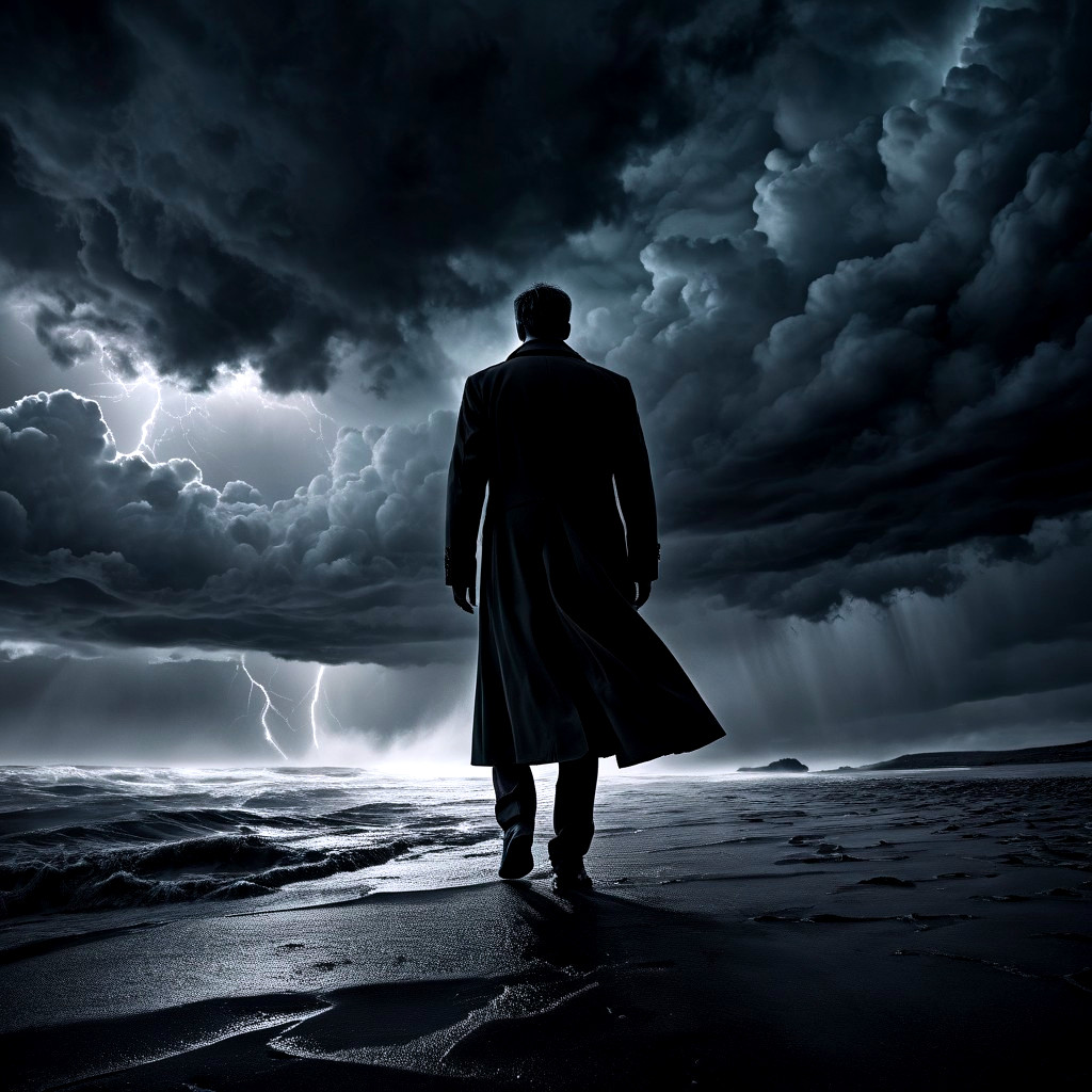 Solitary Figure on Dark Shore Facing Turbulent Ocean