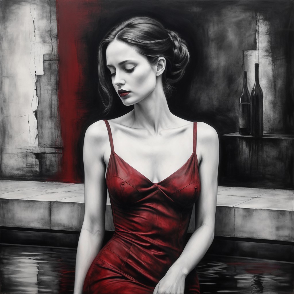 Contemplative Woman in Red Dress by Reflective Pool