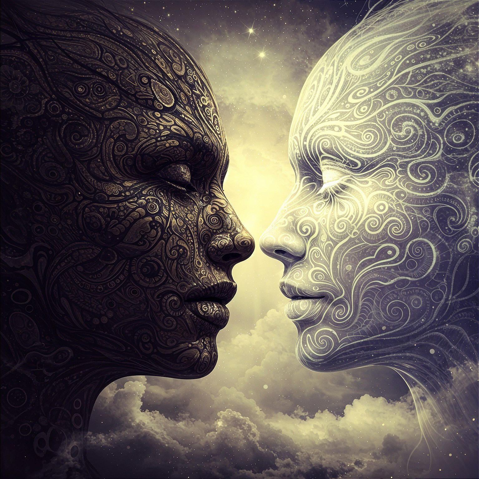 Intertwined Faces Representing Light and Darkness