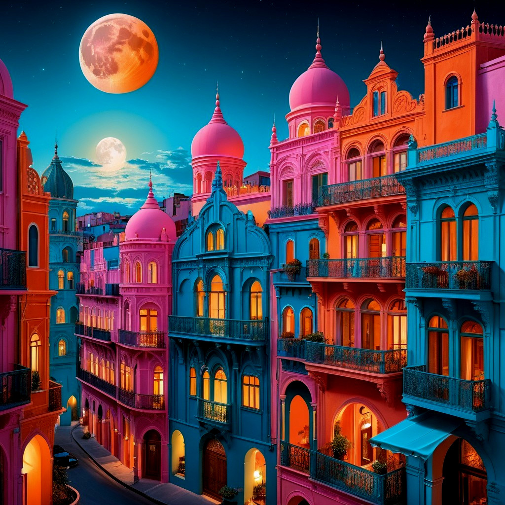 Vibrant Street Scene with Colorful Buildings and Moons