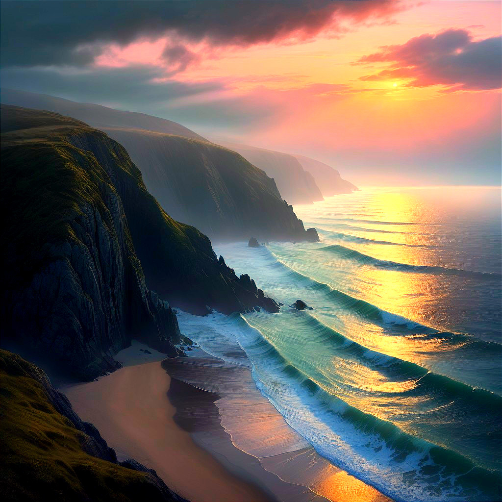 Coastal Sunset with Cliffs and Serene Ocean Waves