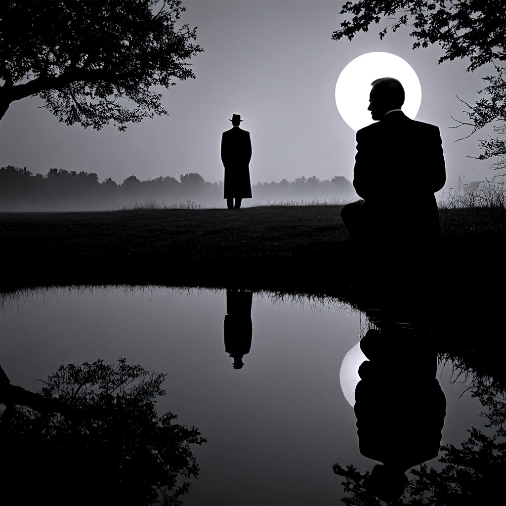 Moody Black-and-White Landscape with Silhouetted Figures