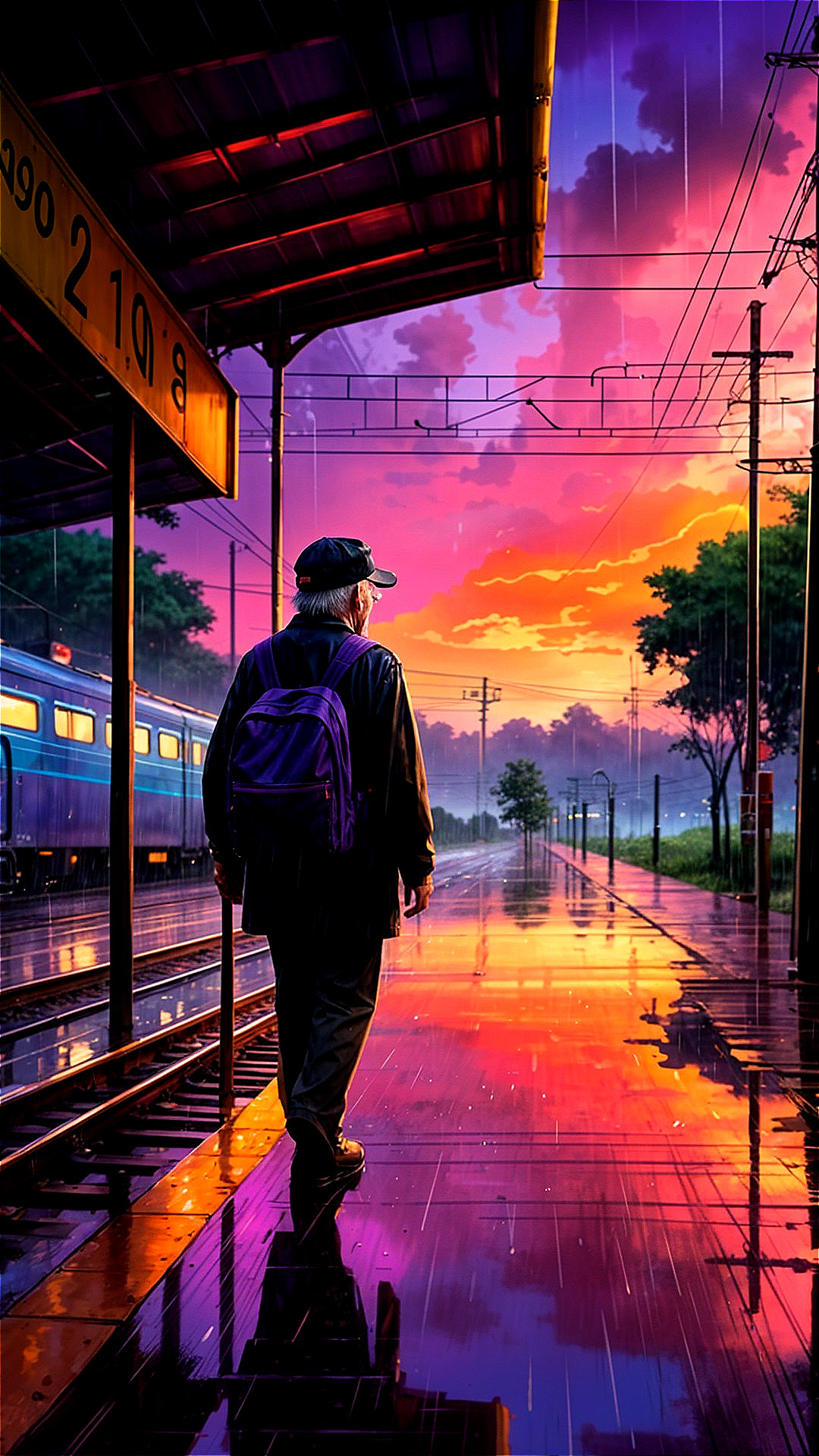 Lone Figure on Colorful Sunset Train Platform